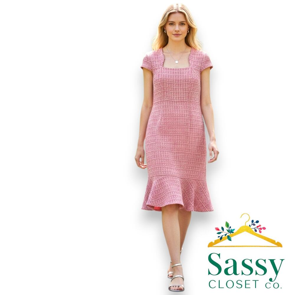 GRACE KARIN Pink Boucle Dress M EUC Metallic Tweed Square Neck Flounce Hem
